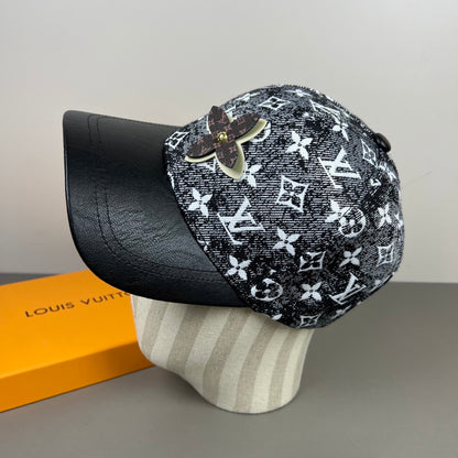 Monogram Print Baseball Cap with Flower Accent