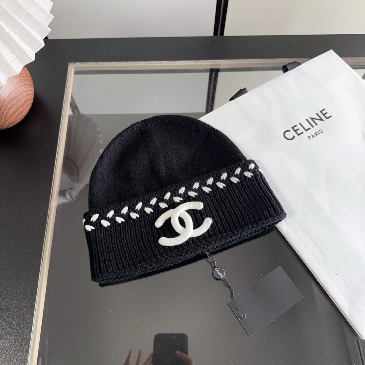 Black Ribbed Knit Beanie with Contrast Stitch Detail