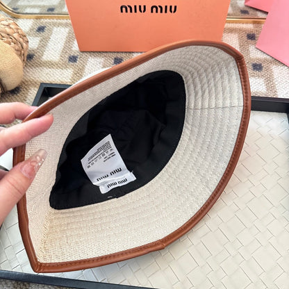 Embroidered Canvas Bucket Hat with Faux Leather Trim