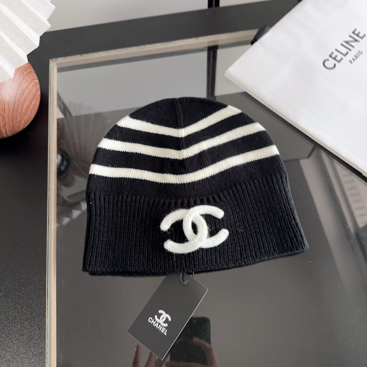 Black Ribbed Knit Beanie with White Stripe Detail