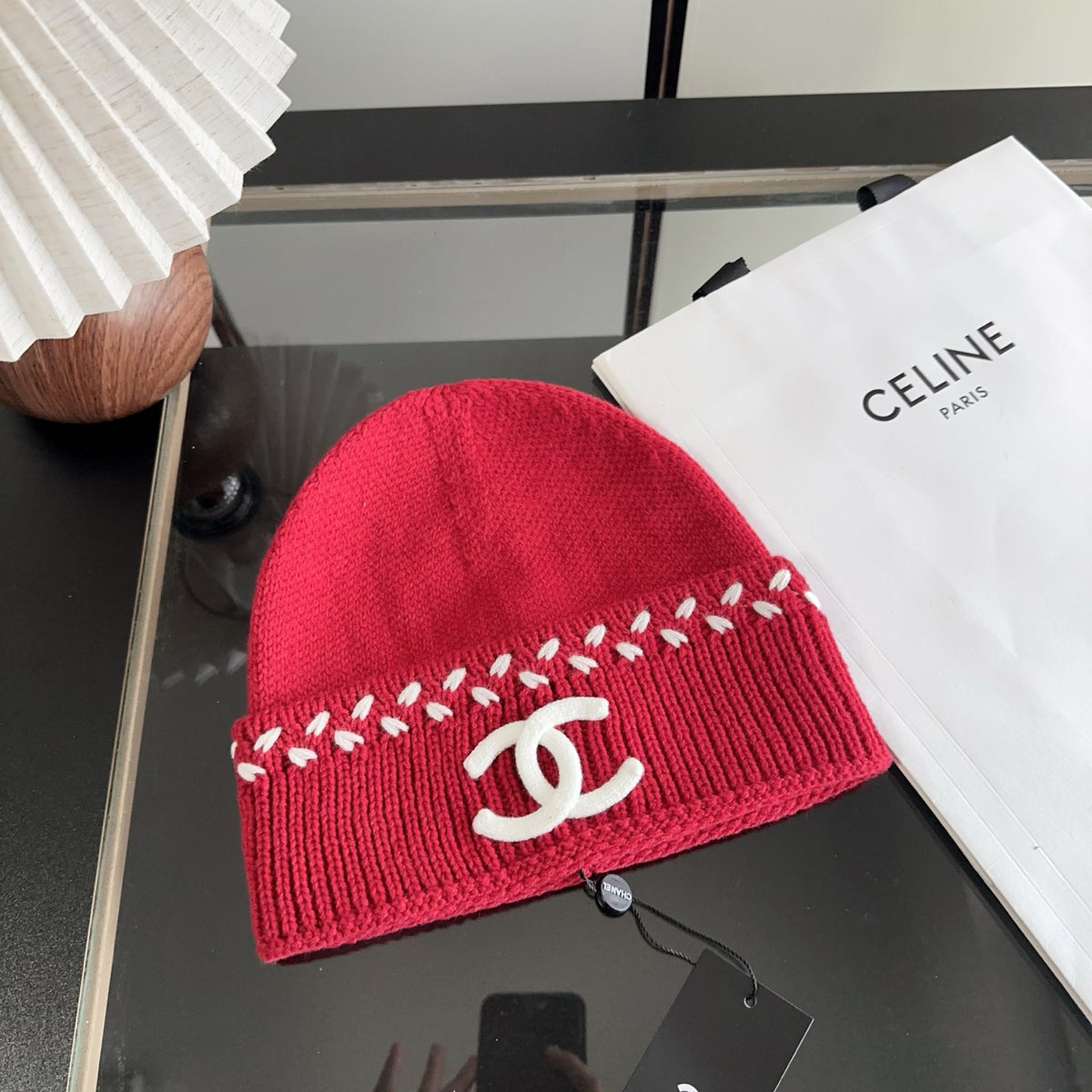 Red Knit Beanie with Contrast Stitching and Ribbed Cuff