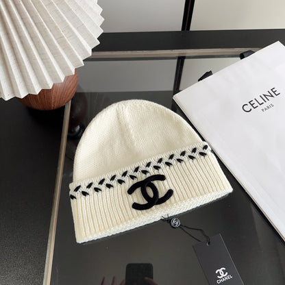 Ivory Ribbed Knit Beanie with Black Stitch Detail