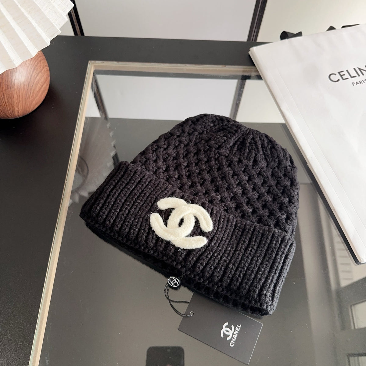 Black Textured Knit Beanie with Contrast Emblem