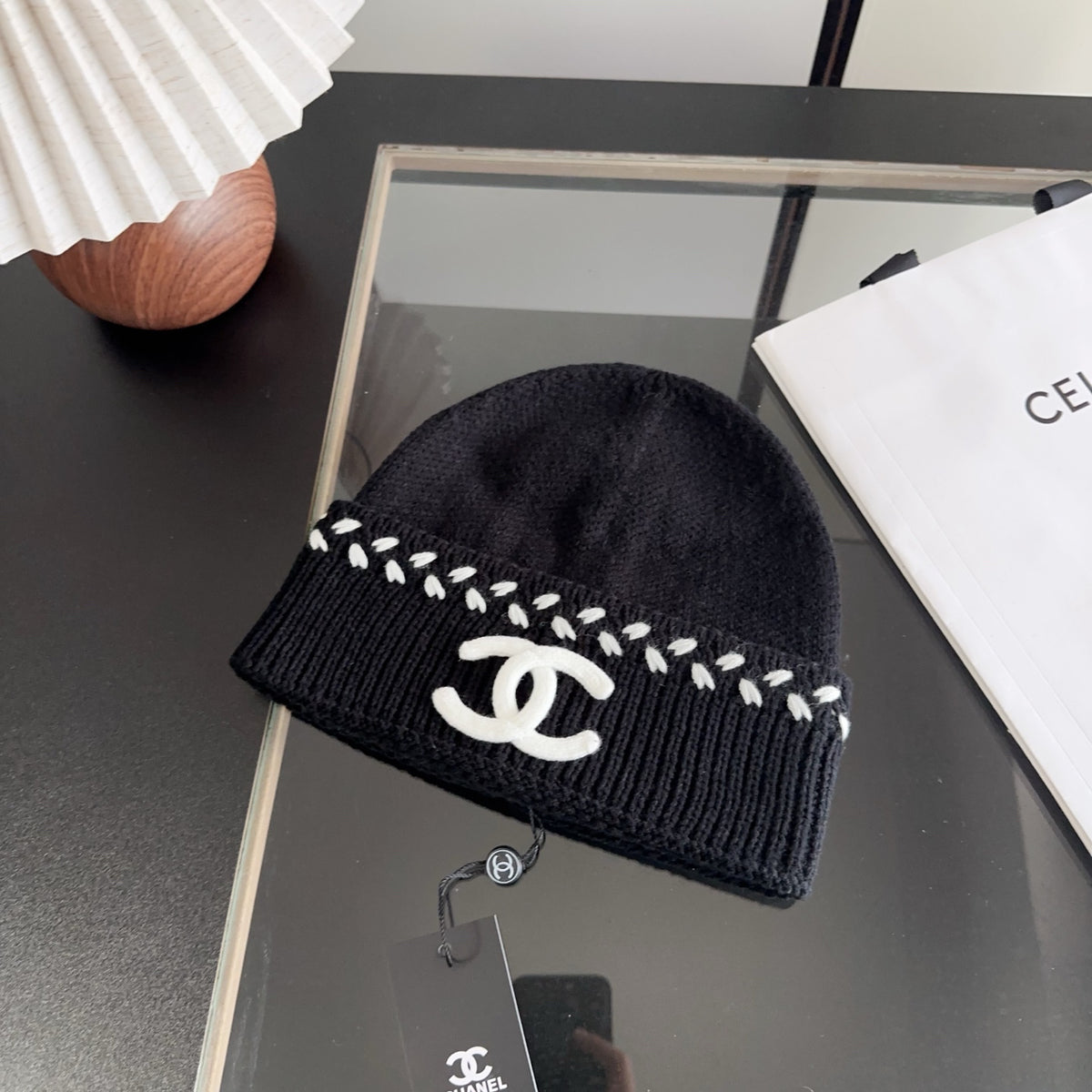 Black Ribbed Knit Beanie with Contrast Stitch Detail