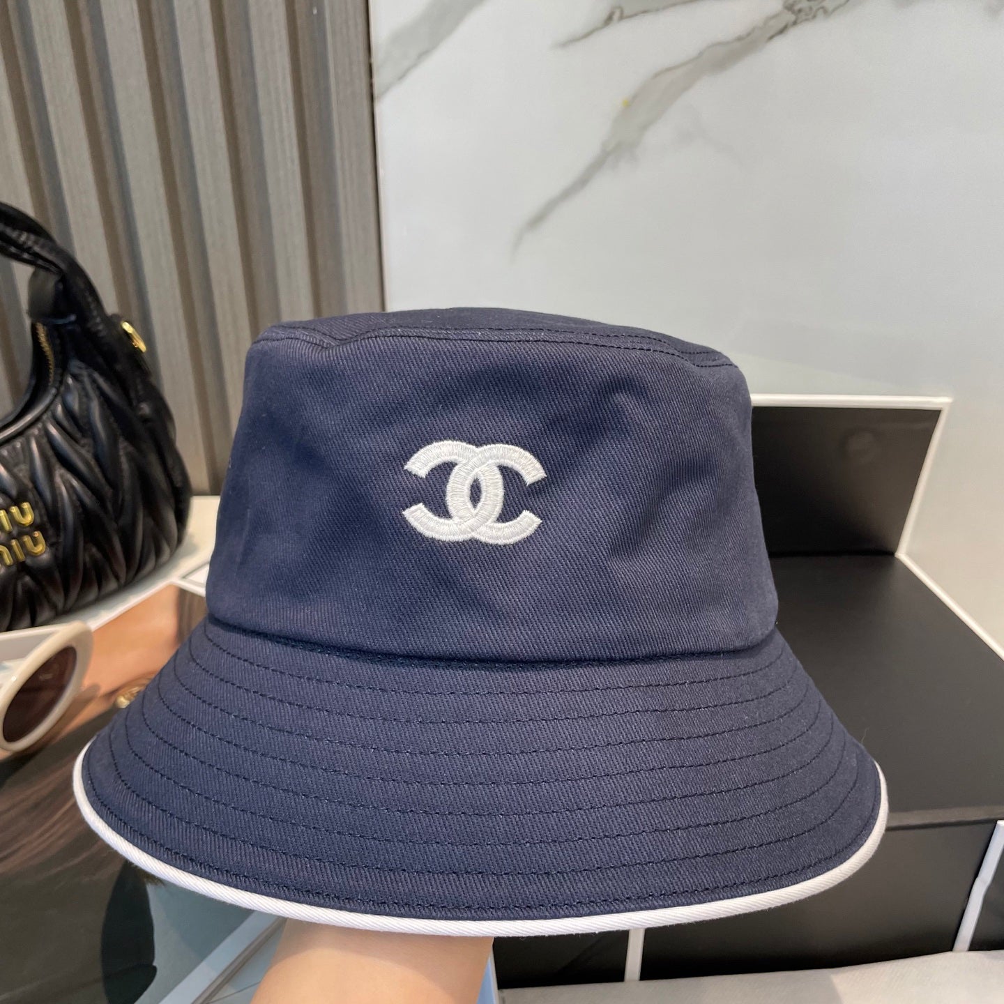 Navy Embroidered Bucket Hat with Contrast Trim