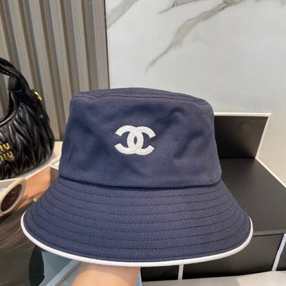 Navy Embroidered Bucket Hat with Contrast Trim