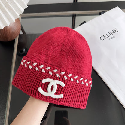 Red Knit Beanie with Contrast Stitching and Ribbed Cuff