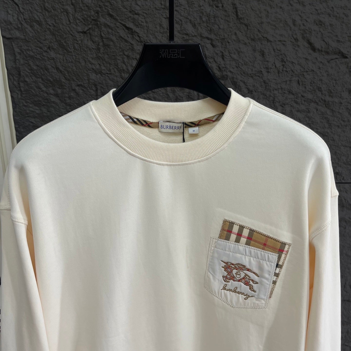 Plaid Trim Pocket Crewneck Sweatshirt