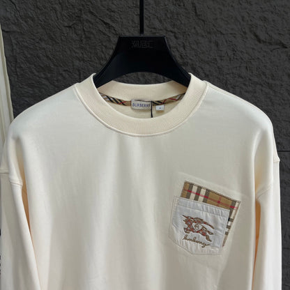 Plaid Trim Pocket Crewneck Sweatshirt