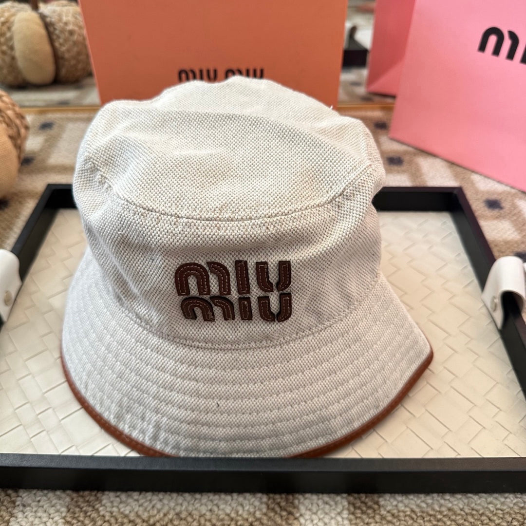 Embroidered Canvas Bucket Hat with Faux Leather Trim