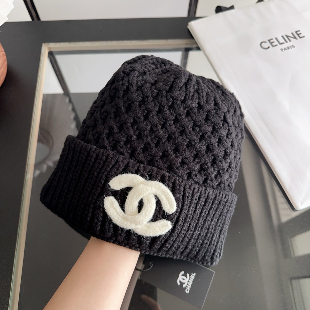 Black Textured Knit Beanie with Contrast Emblem
