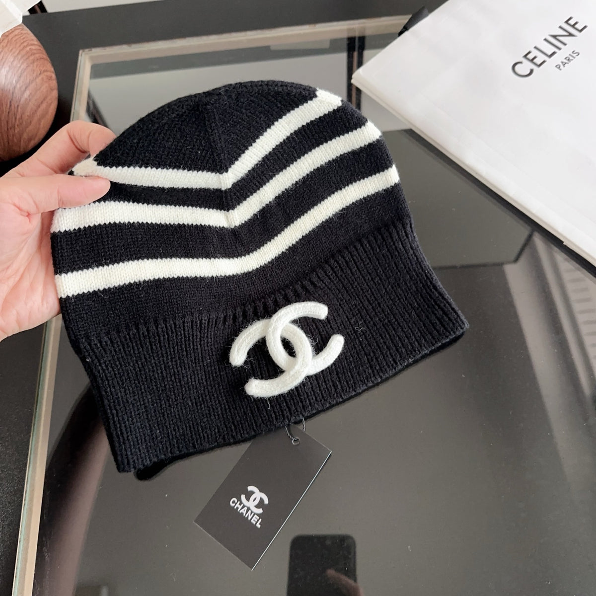 Black Ribbed Knit Beanie with White Stripe Detail