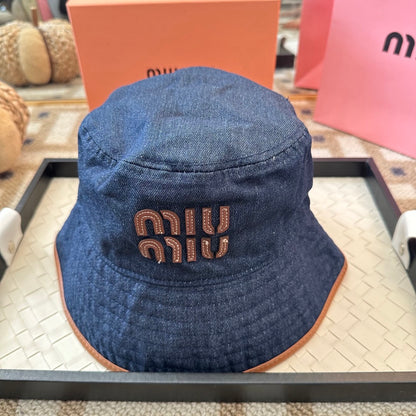 Denim Bucket Hat with Contrast Trim and Embroidered Detail