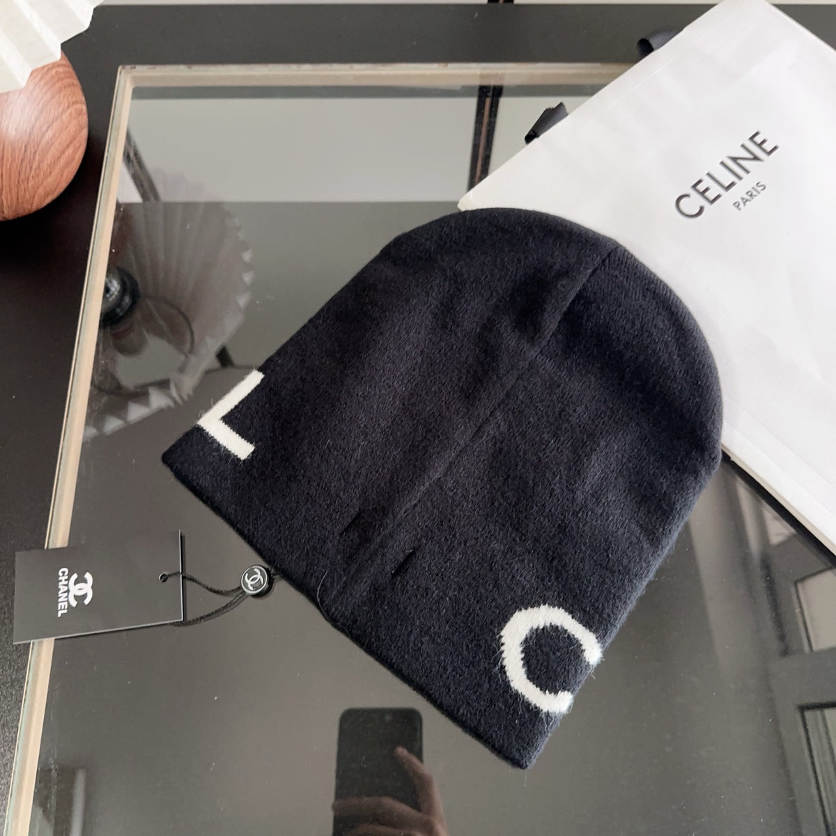 Black Knit Beanie with Contrast Letter Graphic