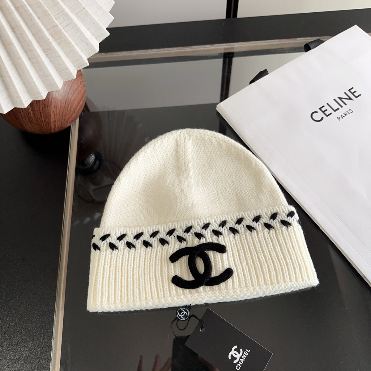 Ivory Ribbed Knit Beanie with Black Stitch Detail