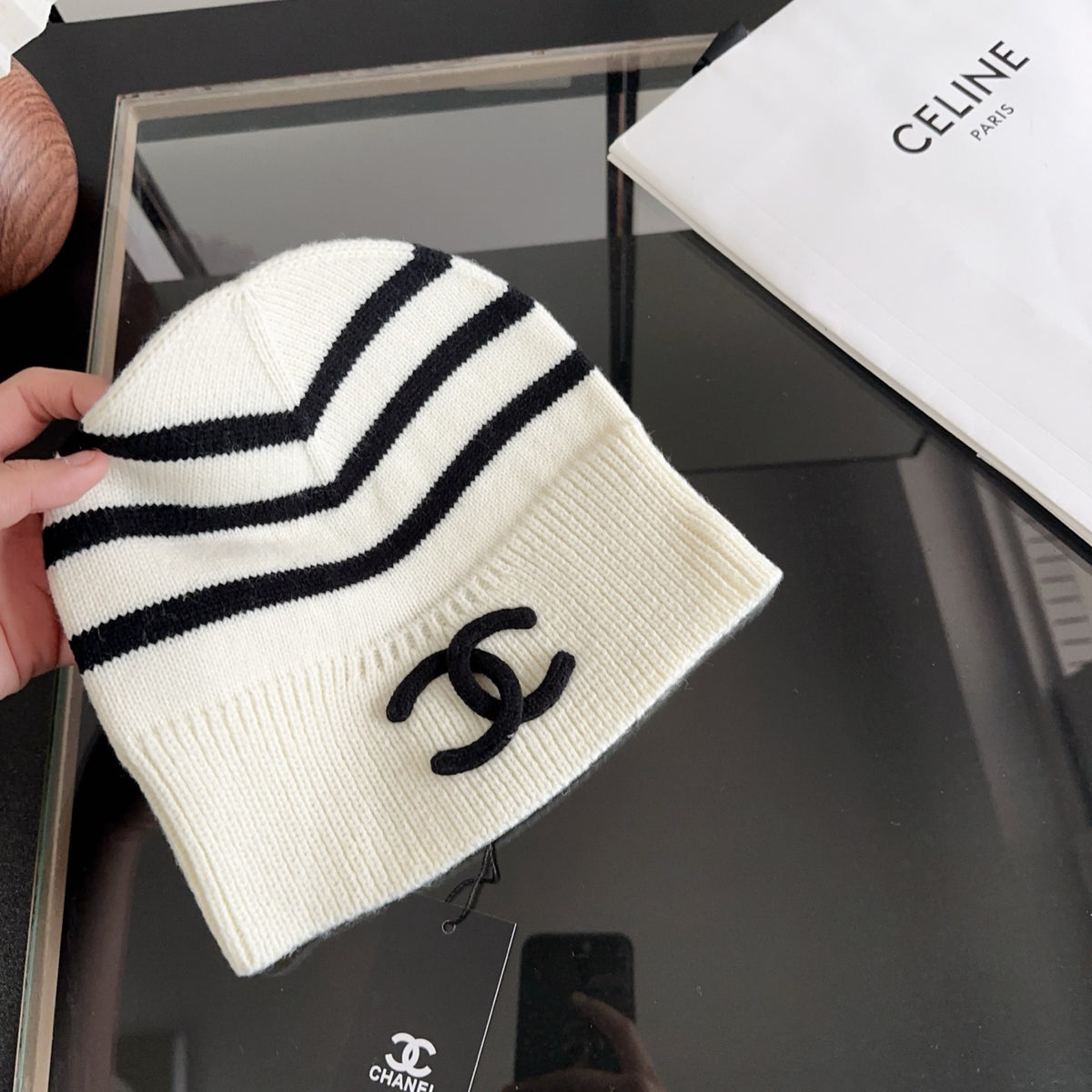 Striped Ribbed Knit Beanie with Contrast Detail