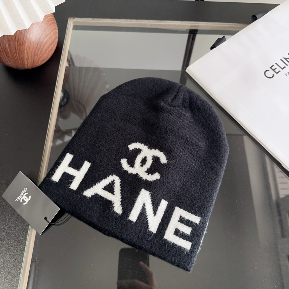 Black Knit Beanie with Contrast Letter Graphic