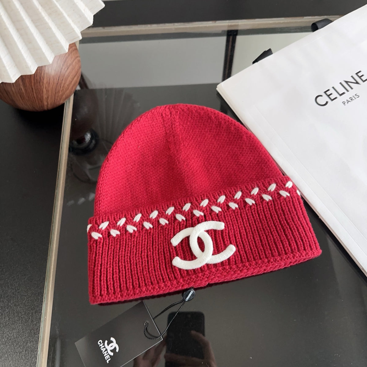 Red Knit Beanie with Contrast Stitching and Ribbed Cuff