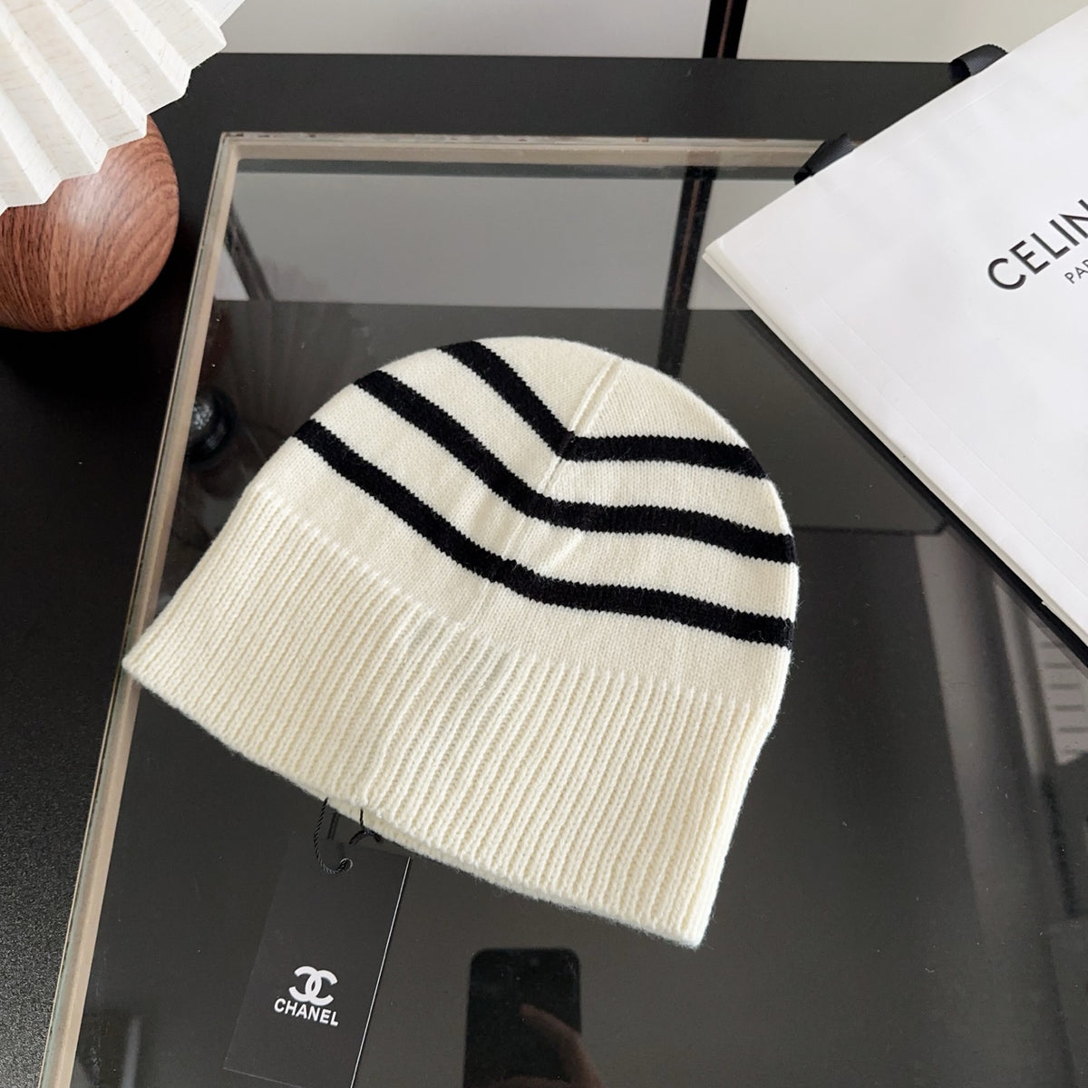 Striped Ribbed Knit Beanie with Contrast Detail