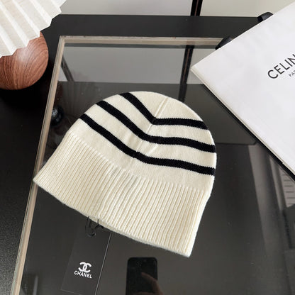Striped Ribbed Knit Beanie with Contrast Detail