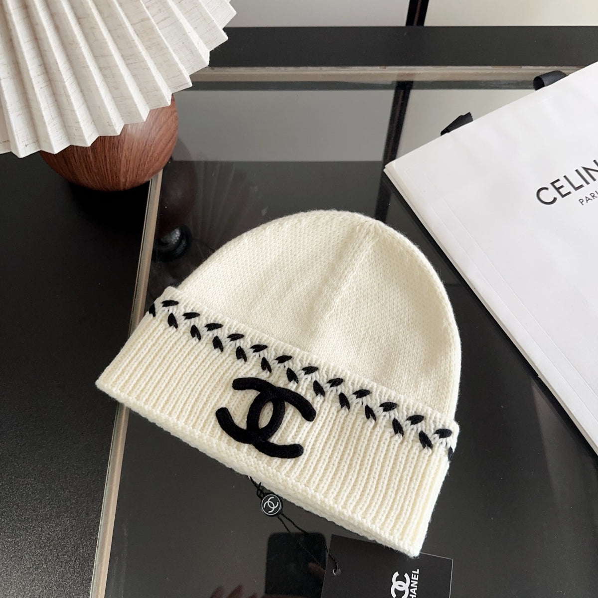 Ivory Ribbed Knit Beanie with Black Stitch Detail