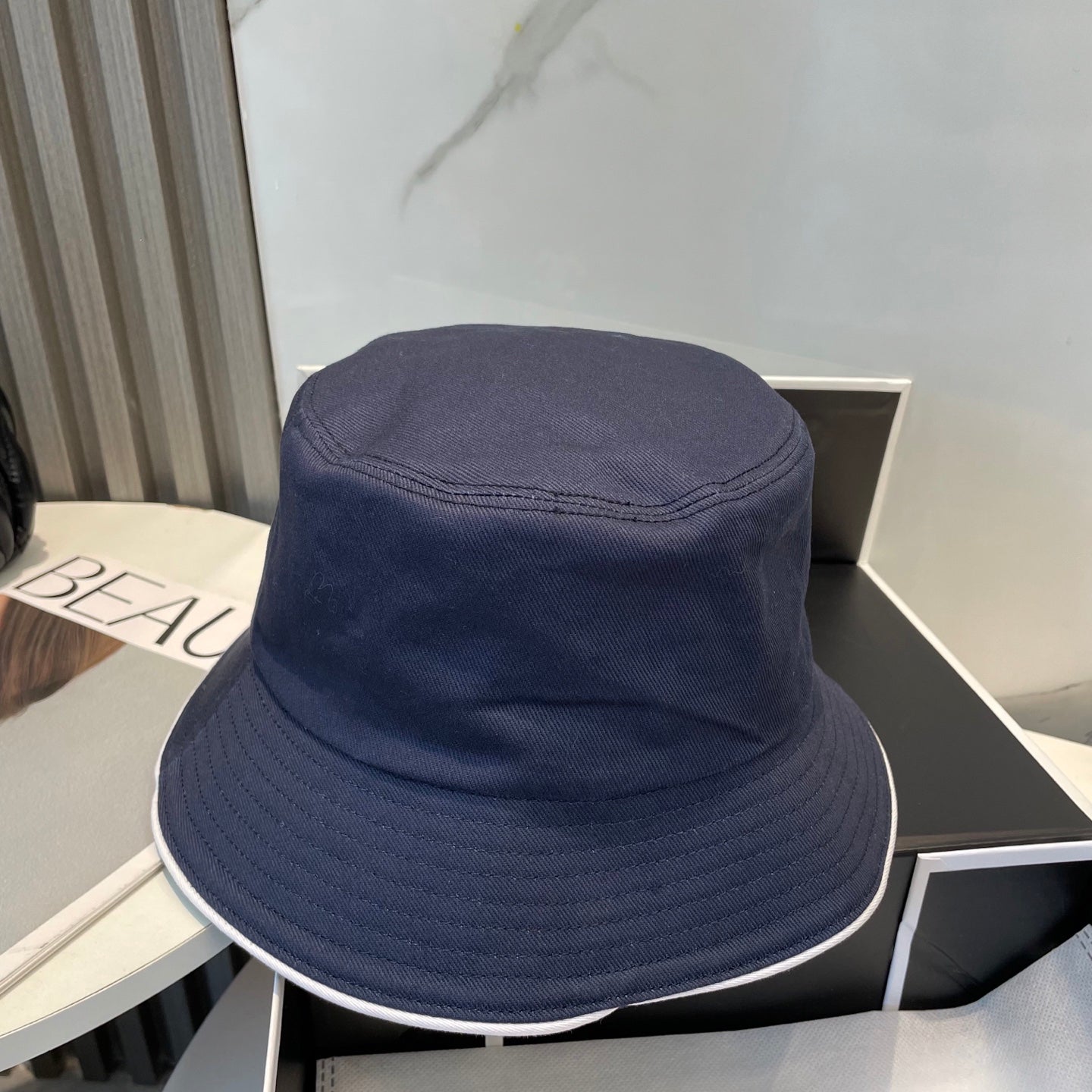 Navy Embroidered Bucket Hat with Contrast Trim