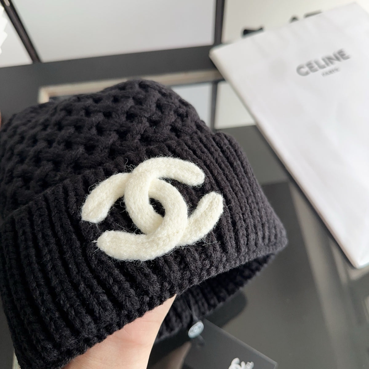 Black Textured Knit Beanie with Contrast Emblem