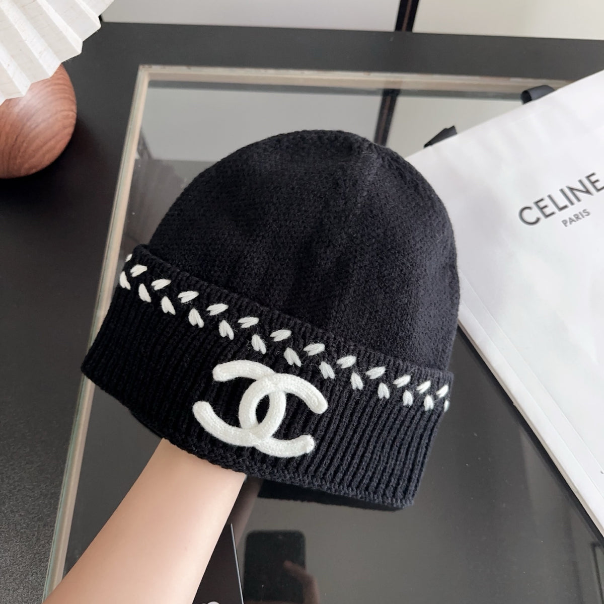 Black Ribbed Knit Beanie with Contrast Stitch Detail