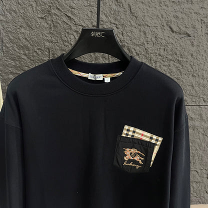 Plaid Trim Pocket Crewneck Sweatshirt