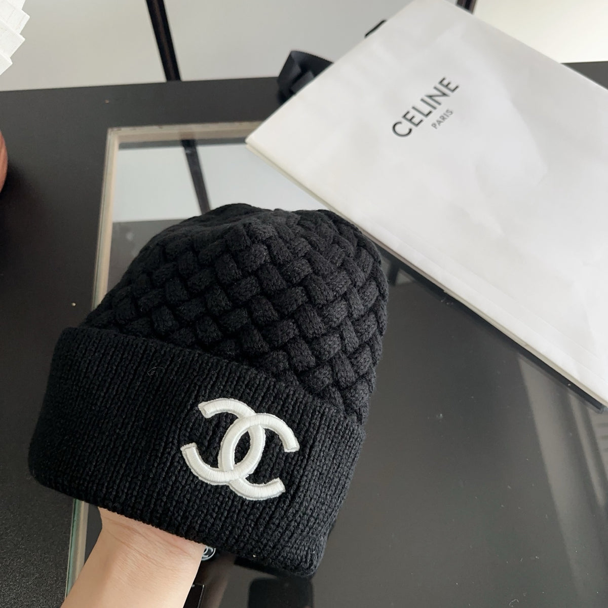 Textured Knit Beanie with Ribbed Fold-Over Cuff