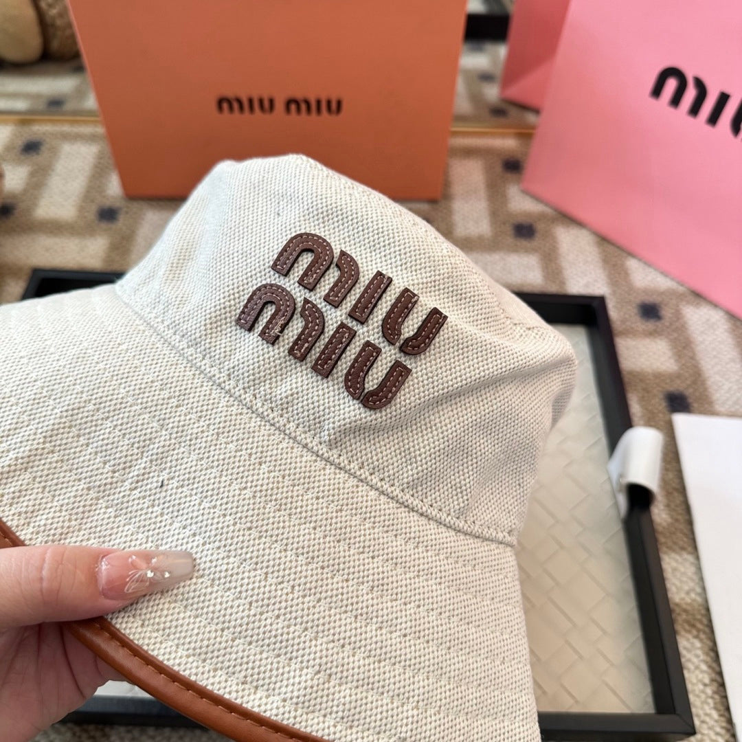 Embroidered Canvas Bucket Hat with Faux Leather Trim