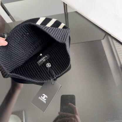 Black Ribbed Knit Beanie with White Stripe Detail