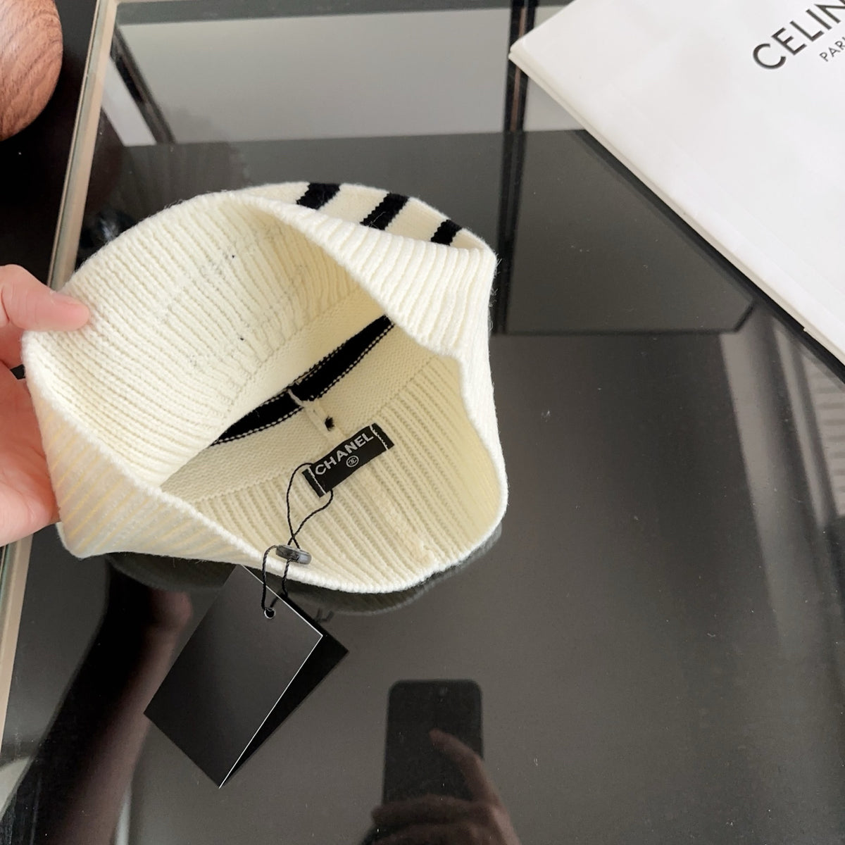 Striped Ribbed Knit Beanie with Contrast Detail