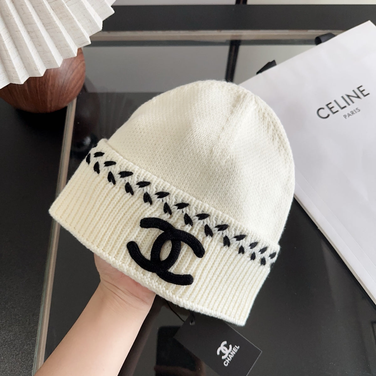 Ivory Ribbed Knit Beanie with Black Stitch Detail