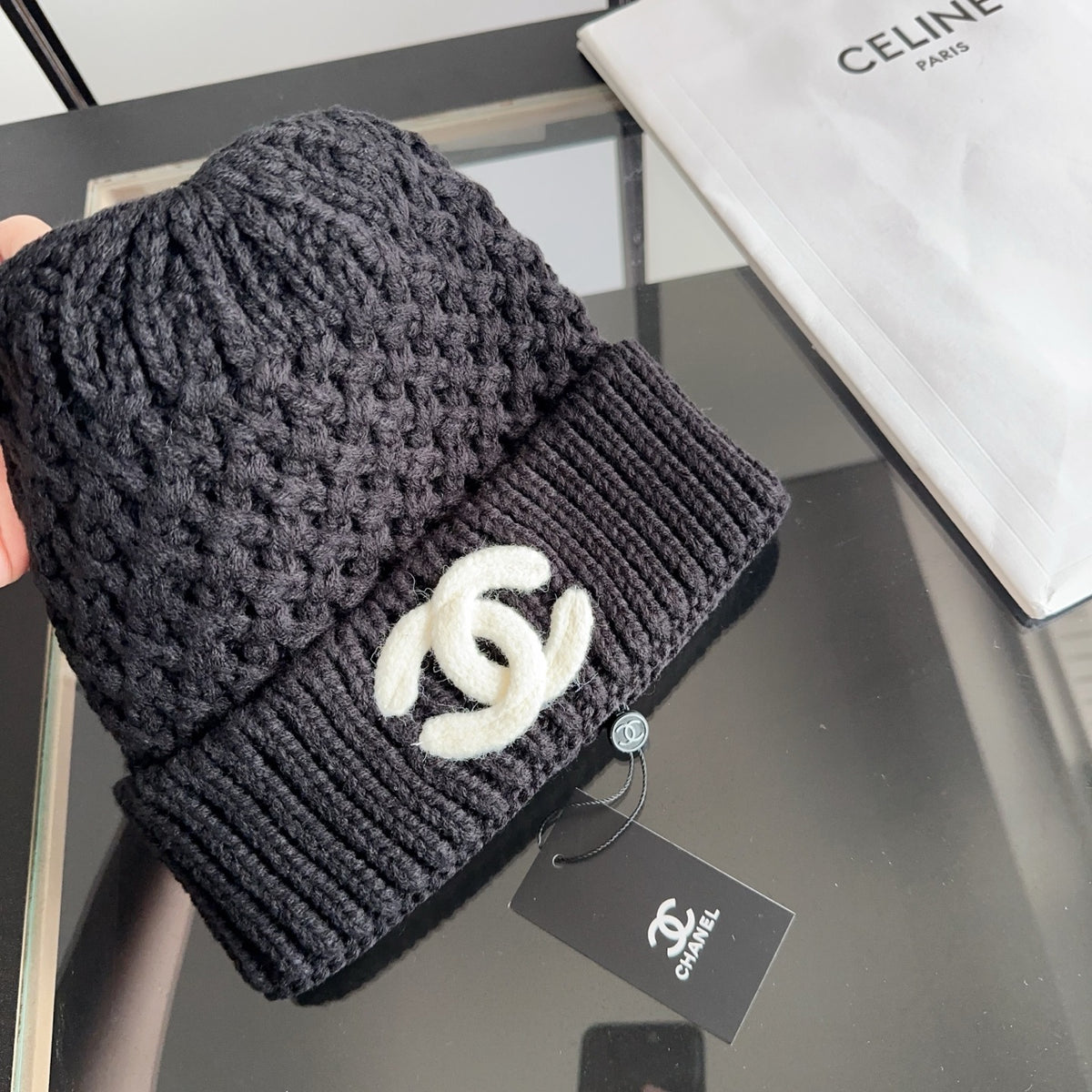 Black Textured Knit Beanie with Contrast Emblem