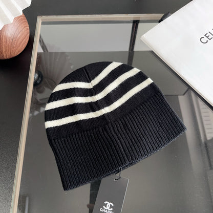 Black Ribbed Knit Beanie with White Stripe Detail