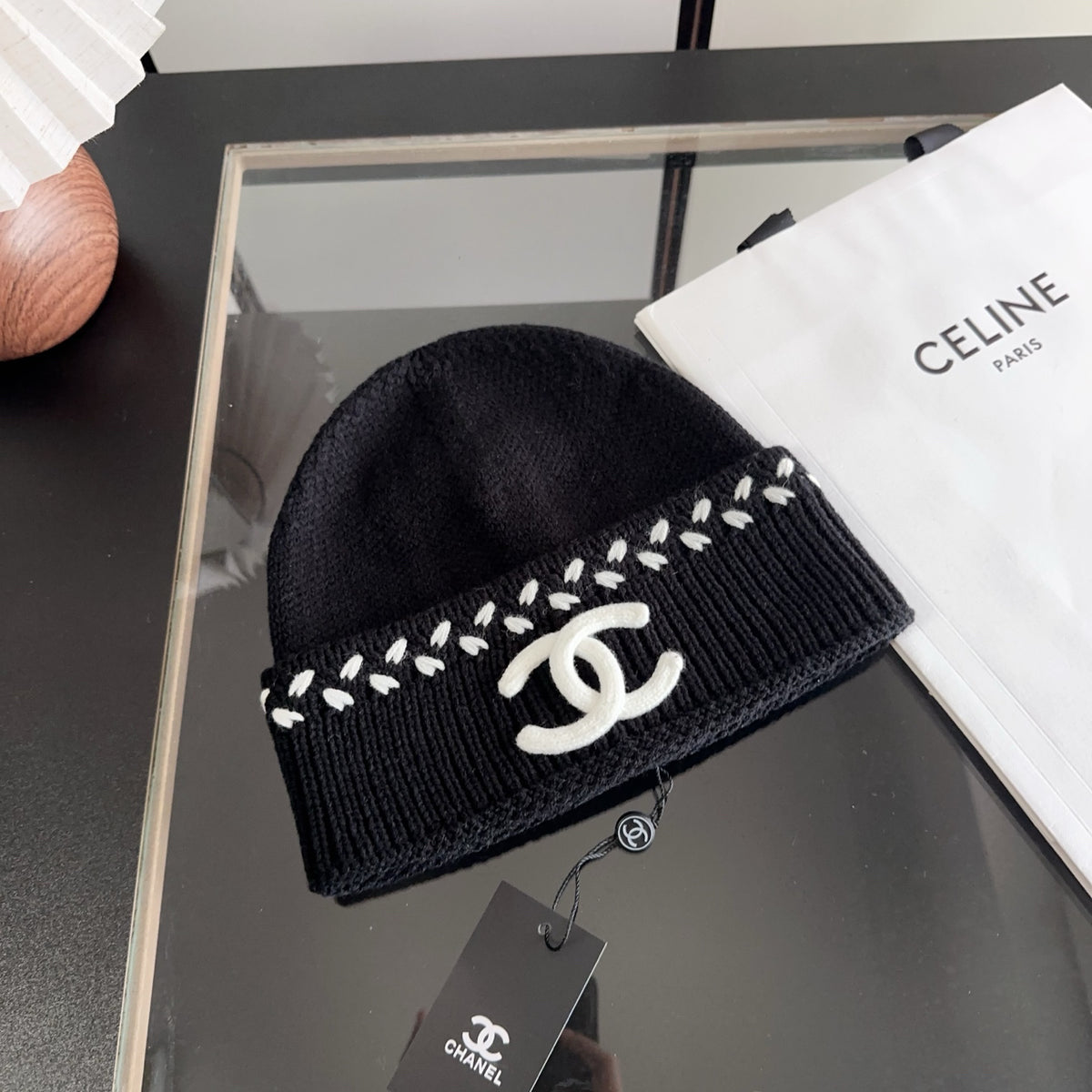 Black Ribbed Knit Beanie with Contrast Stitch Detail