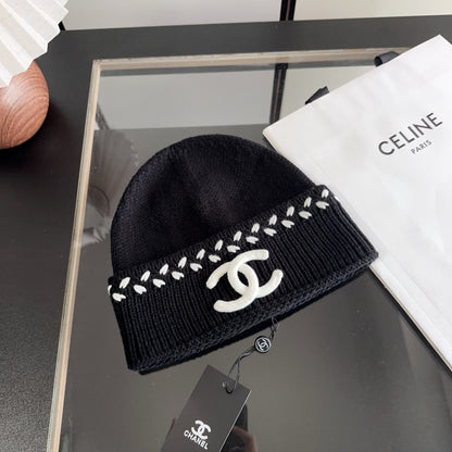 Black Ribbed Knit Beanie with Contrast Stitch Detail