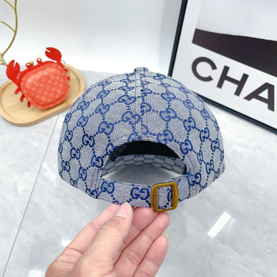 Blue Monogram Print Baseball Cap with Curved Brim