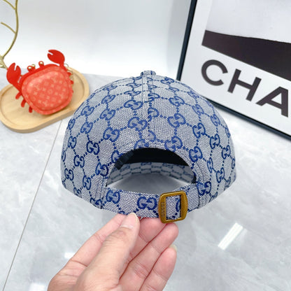 Blue Monogram Print Baseball Cap with Curved Brim