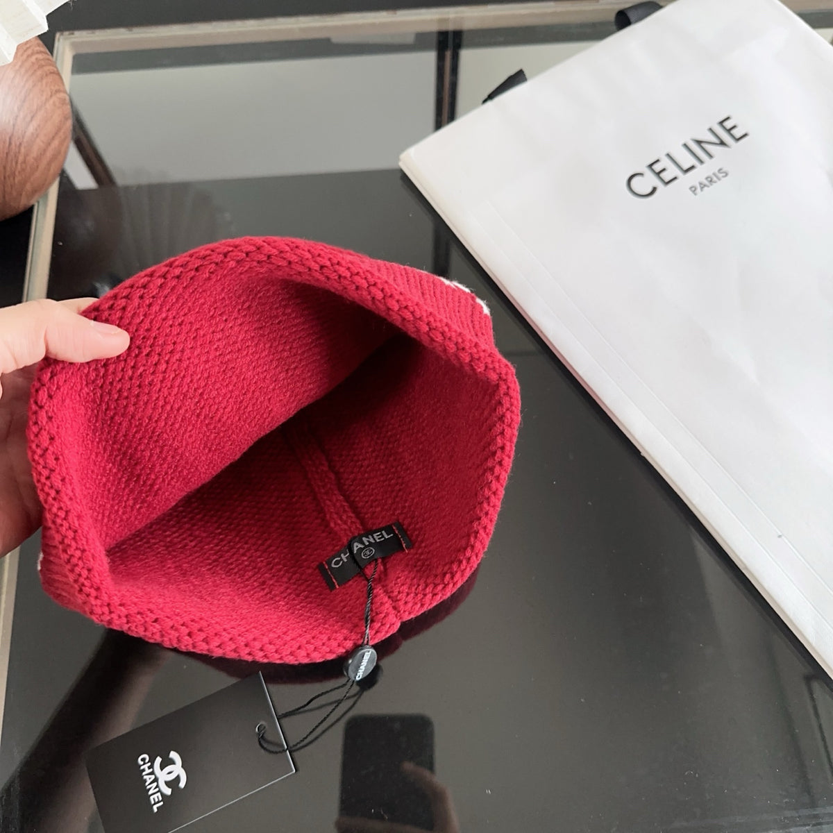 Red Knit Beanie with Contrast Stitching and Ribbed Cuff