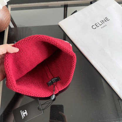 Red Knit Beanie with Contrast Stitching and Ribbed Cuff