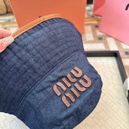Denim Bucket Hat with Contrast Trim and Embroidered Detail