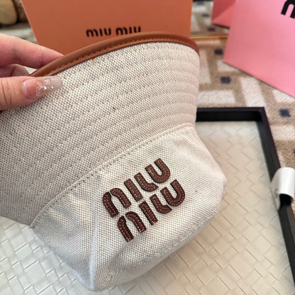 Embroidered Canvas Bucket Hat with Faux Leather Trim