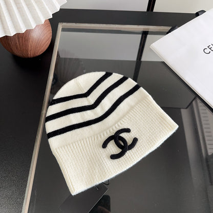 Striped Ribbed Knit Beanie with Contrast Detail