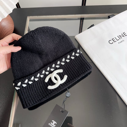 Black Ribbed Knit Beanie with Contrast Stitch Detail