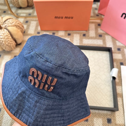Denim Bucket Hat with Contrast Trim and Embroidered Detail