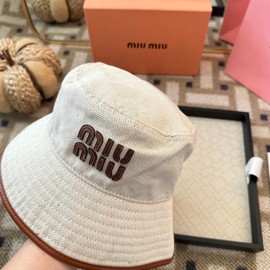 Embroidered Canvas Bucket Hat with Faux Leather Trim