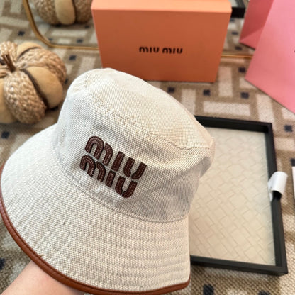 Embroidered Canvas Bucket Hat with Faux Leather Trim