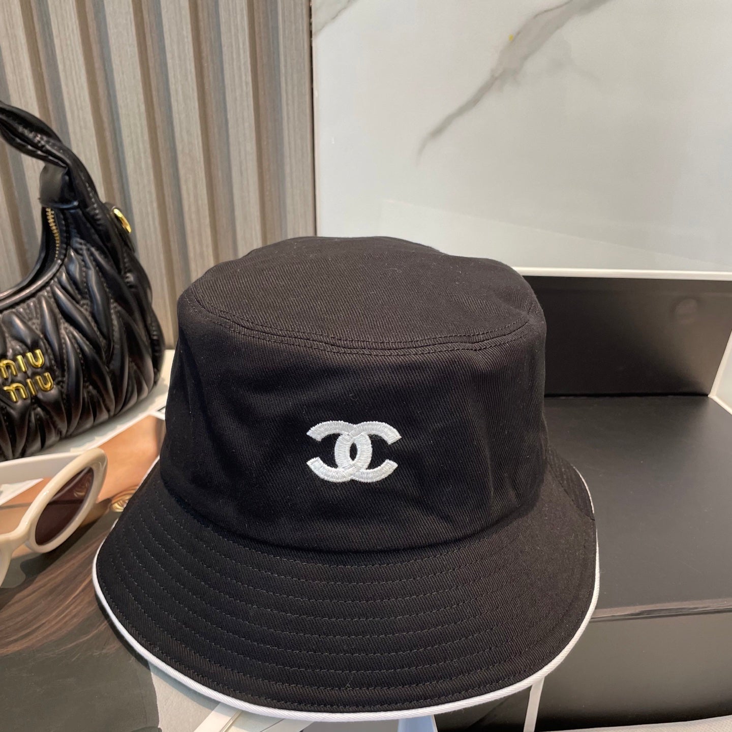 Black Embroidered Cotton Bucket Hat